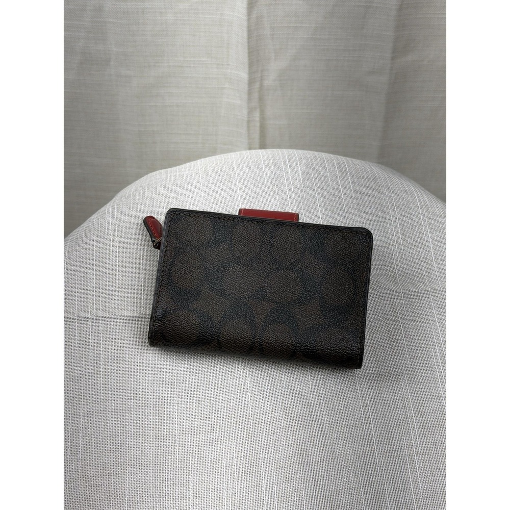 Coach Wallet Womens One Size Brown Red Signature Logo Zip Around Bifold Leather - Picture 12 of 12